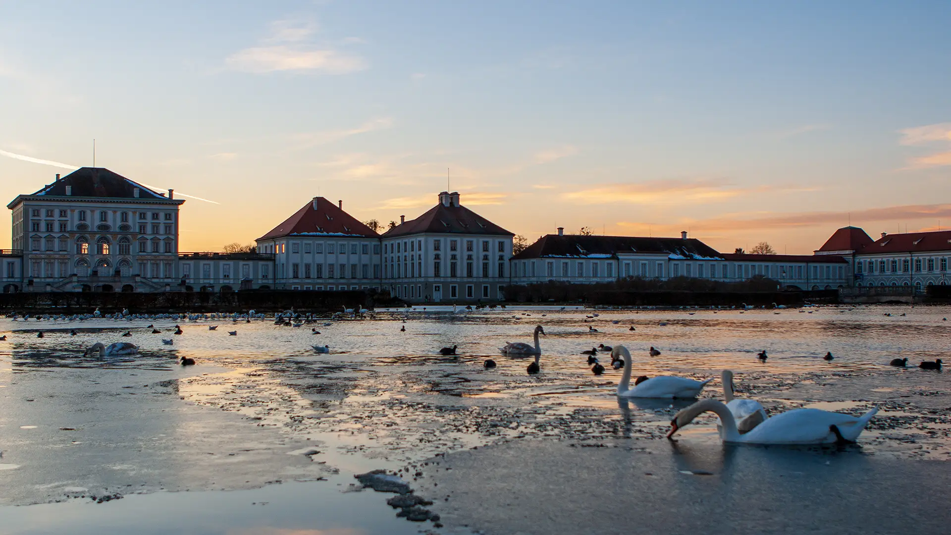 Abendstimmung über Schloss Nymphenburg in München im Winter mit Schwänen im Vordergrund. Copyright Birgit M. Widmann
