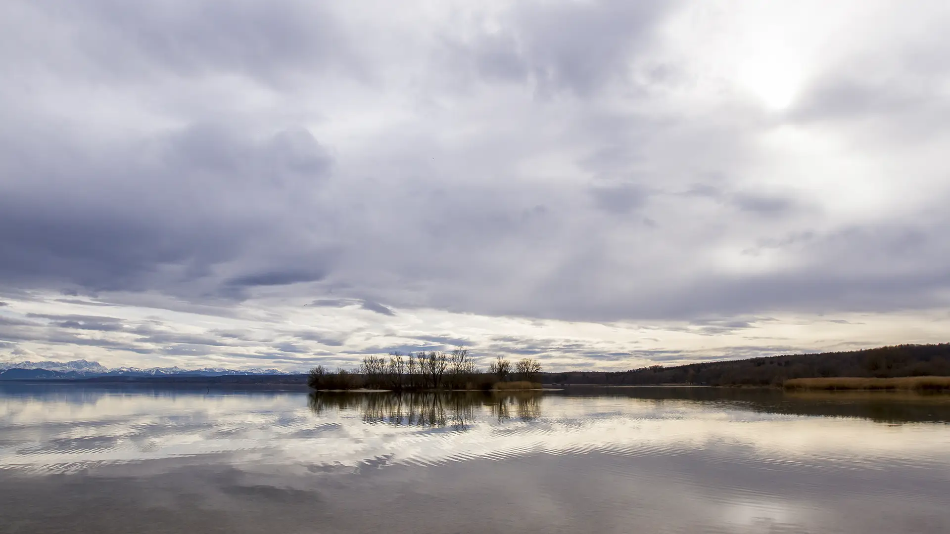 bewölkter Himmel und die Spiegelung im Ammersee im Mittelteil des Fotos ist die vogelschutzinsel am Ufer von Eching zu sehen.