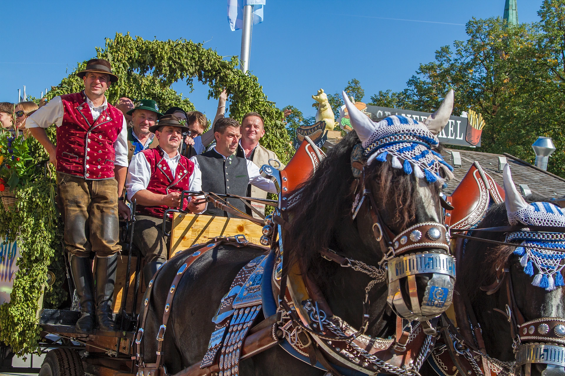 Ein Kutscher im roten Wams führt vom Bock aus ein Gespann schwarzer Kaltblüter der Fischer-Vroni, dahinter Fahrgäste auf dem Wagen, Einzug der Festwirte auf dem Oktoberfest München