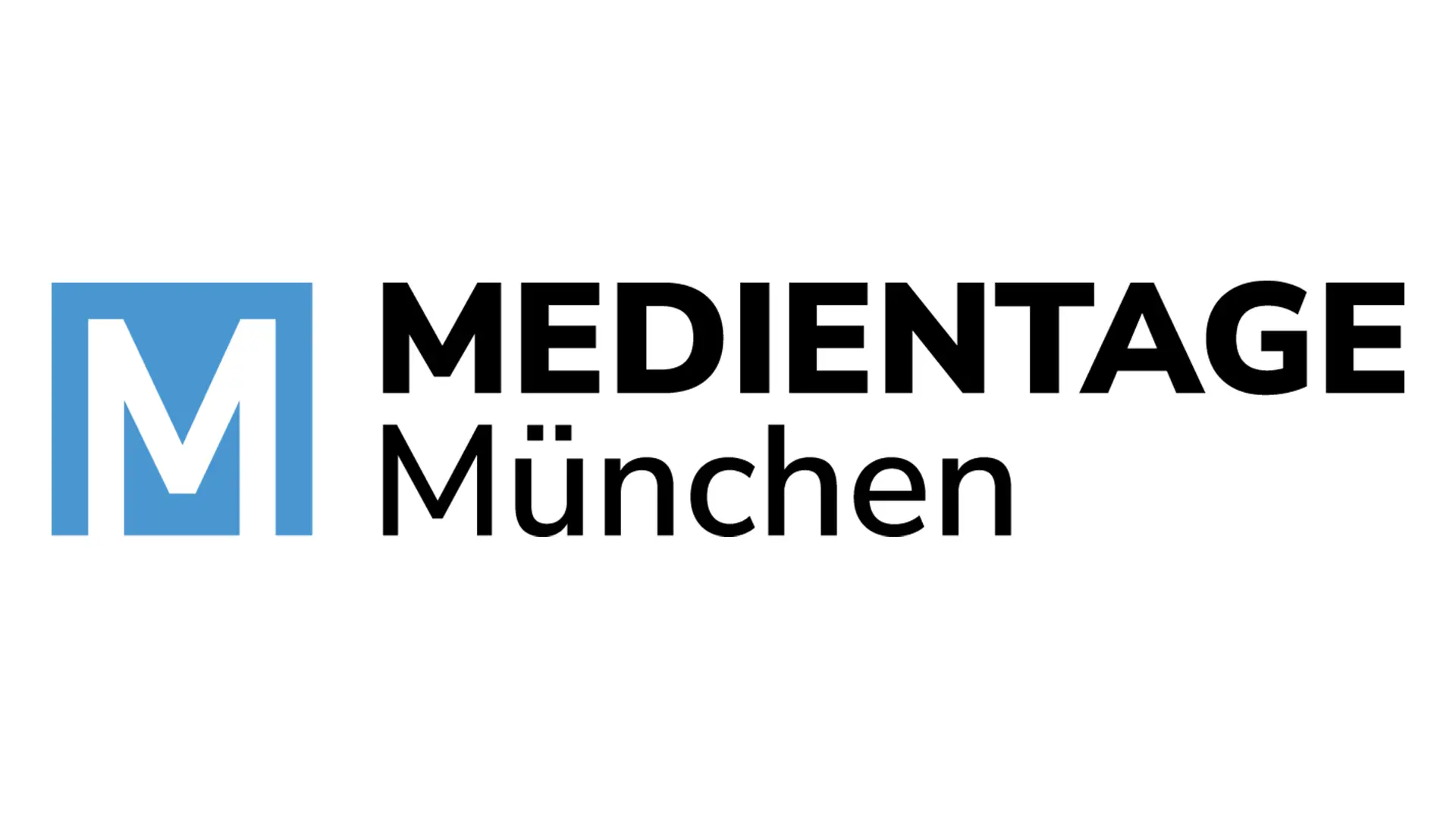 Logo Medientage München mit blau weißem Signet und Schriftzug.