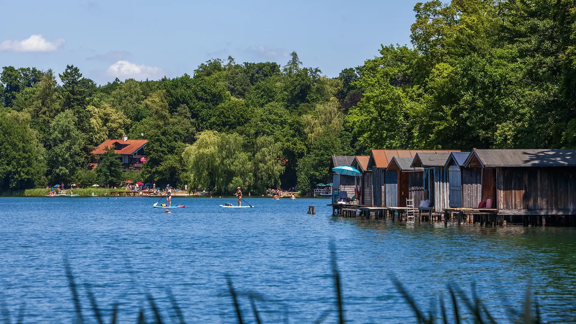 blaues wasser wesslingersee Bootshäuser im Hintergrund gesäumt von grünem Wald.