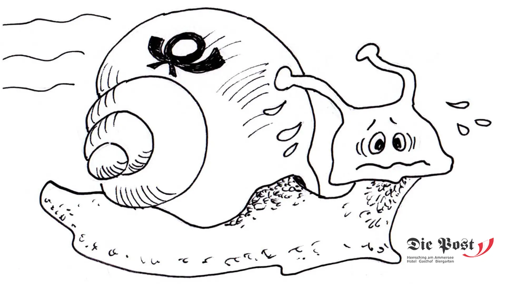 schwarzweiß Zeicnung von postschnecke als symbol für Events. Logo die Post in der rechten Ecke.