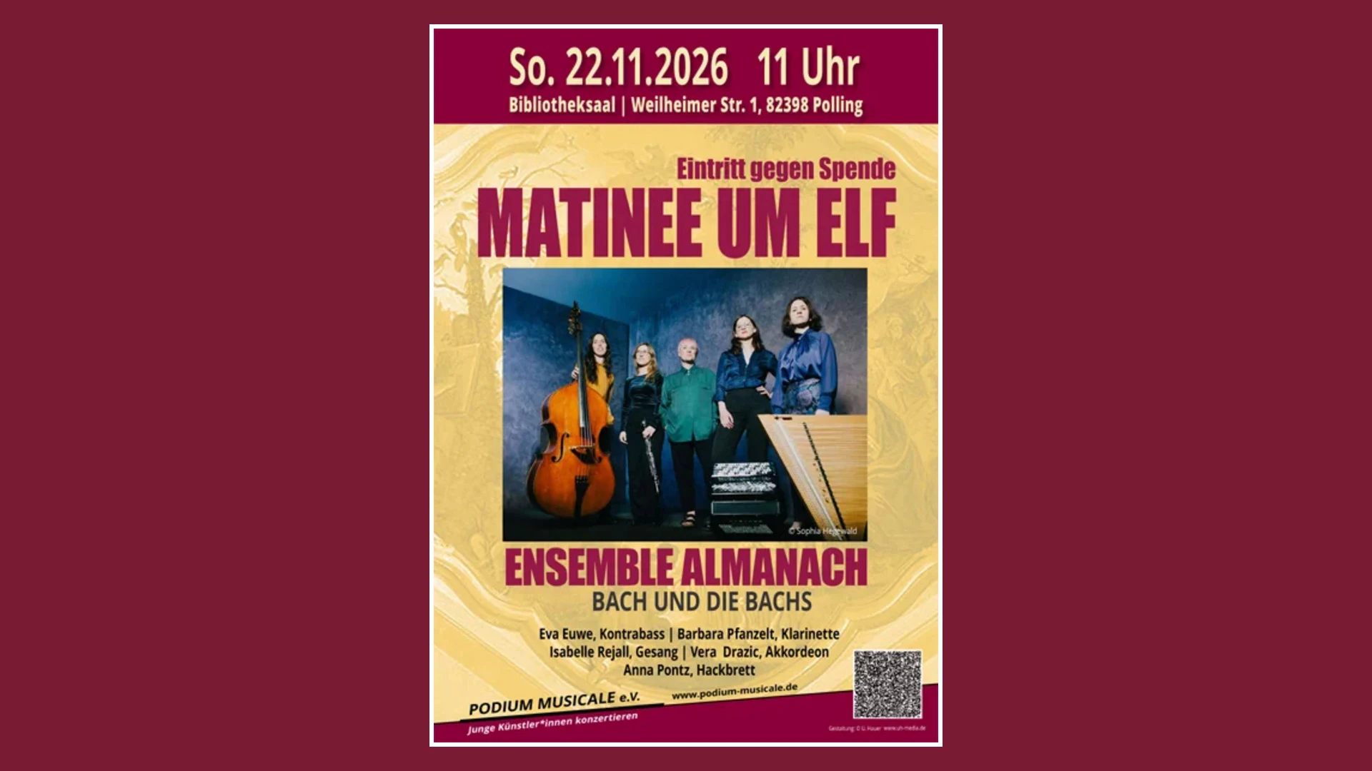 Konzertplakat in Rot und Gold: MATINEE UM ELF, Ensemble Almanach, Bach und die Bachs, am 22. November 2026 um 11 Uhr im Bibliotheksaal Polling. In der Mitte ein Foto der fünf Musikerinnen mit Kontrabass, Klarinette, Akkordeon und Hackbrett.